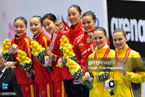 Shiyi Dai and Yanning Xiao of China and Yukiko Inui and Mai Nakamura of Japan and Alexandra Nemich and Yekaterina Nemich pose for photographs after...