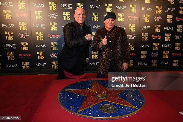 Brenden Theatre Corp. President and CEO Johnny Brenden and former boxer Vinny Paz attend the Las Vegas screening of the film "Bleed for This" at the...