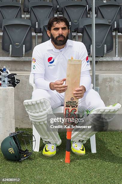 Misbah-ul-Haq of Pakistan looks on during day two of the First Test between New Zealand and Pakistan at Hagley Oval on November 18, 2016 in...