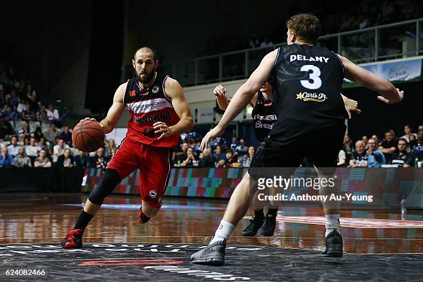 Rhys Martin of the Hawks drives against Finn Delany of the Breakers during the round seven NBL match between the New Zealand Breakers and the...