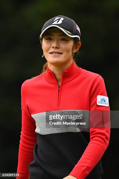 Ayaka Watanabe of Japan smiles during the second round of the Daio Paper Elleair Ladies Open 2016 at the Elleair Golf Club on November 18, 2016 in...