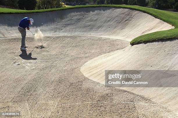 Lee Westwood of England hits his second shot on the 8th hole during day two of the DP World Tour Championship at Jumeirah Golf Estates on November...