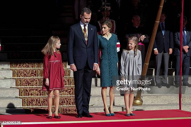 King Felipe of Spain, Queen Letizia of Spain, Princess Leonor and Princess Sofia attend the opening ceremony of 12th legislative session at the...