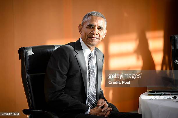 President Barack Obama attends talks with western European leaders at the Chancellery on November 18, 2016 in Berlin, Germany.Obama and Merkel will...
