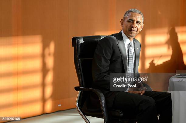 President Barack Obama attends talks with western European leaders at the Chancellery on November 18, 2016 in Berlin, Germany.Obama and Merkel will...
