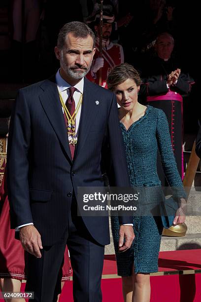 King Felipe of Spain and Queen Letizia of Spain attend the opening ceremony of 12th legislative session at the Spanish Parliament on November 17,...