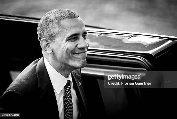 Image has been converted to black and white.) BERLIN, GERMANY Barack Obama, President of the United States of America, arrives at the German...