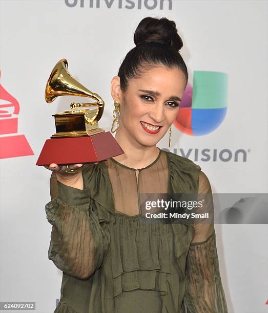 Julieta Venegas poses with the Best Pop/Rock Album award in the press room during the 17th Annual Latin Grammy Awards at T-Mobile Arena on November...