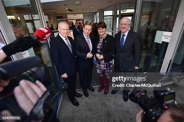 Northern Ireland First Minister Arlene Foster and Deputy First Minister Martin McGuinness greet Irish Taoiseach Enda Kenny and Irish Foreign Affairs...