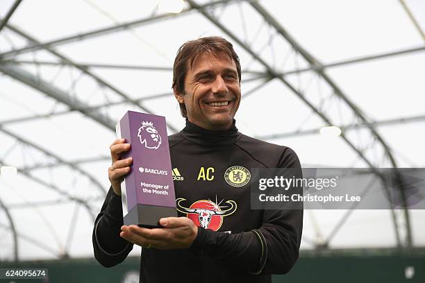 Manager Antonio Conte of Chelsea is awarded the October Manager of the Month at the Chelsea Training Ground on November 17, 2016 in Cobham, England.