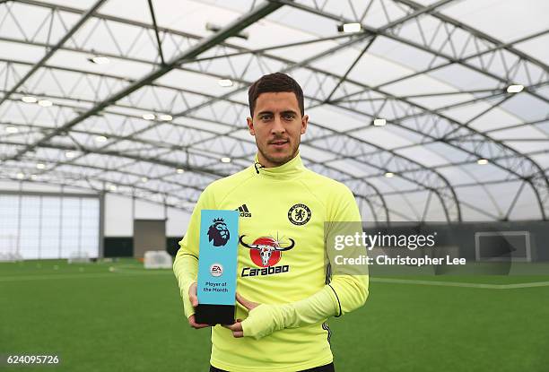 Eden Hazard of Chelsea is awarded the October Player of the Month at the Chelsea Training Ground on November 17, 2016 in Cobham, England.