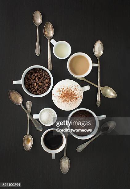 overhead view conceptual coffee wallpaper image. - coffee variation stock pictures, royalty-free photos & images