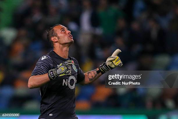 Sportings goalkeeper Beto from Portugal celebrating a goal during Portuguese Cup match between Sporting CP v SC Praiense , at Alvalade Stadium in...