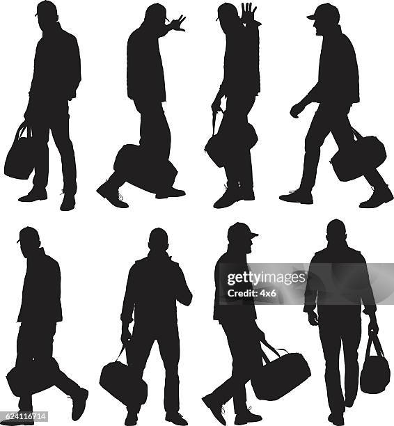 men holding gym bag and in various action - duffle bag stock illustrations