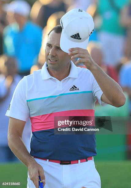 Sergio Garcia of Spain acknowledges the crowd on the 18th green during day two of the DP World Tour Championship at Jumeirah Golf Estates on November...