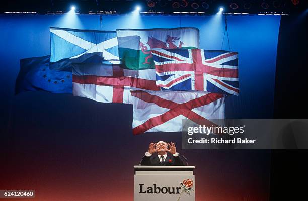 Leader of the Labour party, Neil Kinnock makes his infamous speech during the Labour Party election rally on 1st April 1992 in Sheffield, England. In...