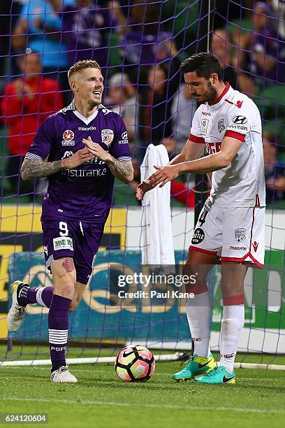 Andy Keogh of the Glory celebrates a goal during the round seven A-League match between the Perth Glory and Adelaide United at nib Stadium on...