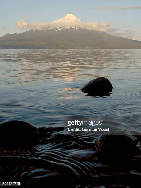 osorno volcano over llanquihue lake, chile - llanquihue lake stock-fotos und bilder