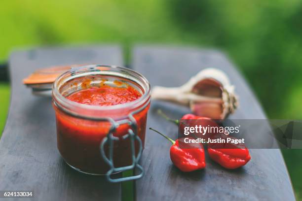 hot chilli sauce on garden table - chili bildbanksfoton och bilder