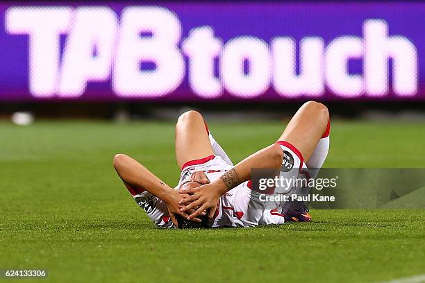 Sergi Guardiola of Adelaide reacts after crossing a ball during the round seven A-League match between the Perth Glory and Adelaide United at nib...