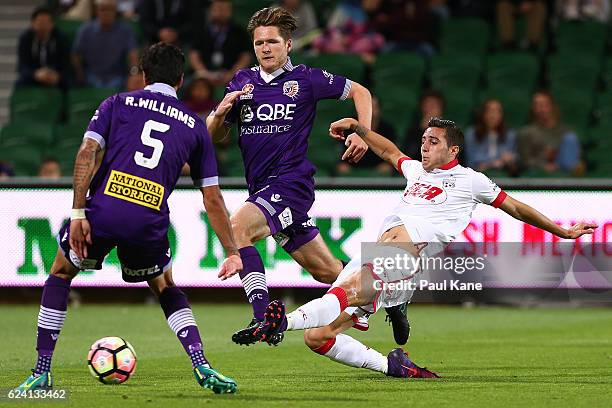 Sergi Guardiola of Adelaide crosses the ball during the round seven A-League match between the Perth Glory and Adelaide United at nib Stadium on...