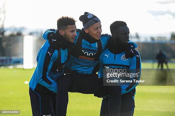 Jamaal Lascelles and Cheick Tiote lift Dwight Gayle in a warm up activity during Newcastle United Training Session at The Newcastle United Training...