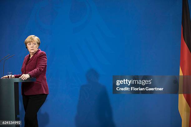 German Chancellor Angela Merkel during a press conference with Mariano Rajoy , Prime Minister Of Spain, to the media on November 18, 2016 in Berlin,...