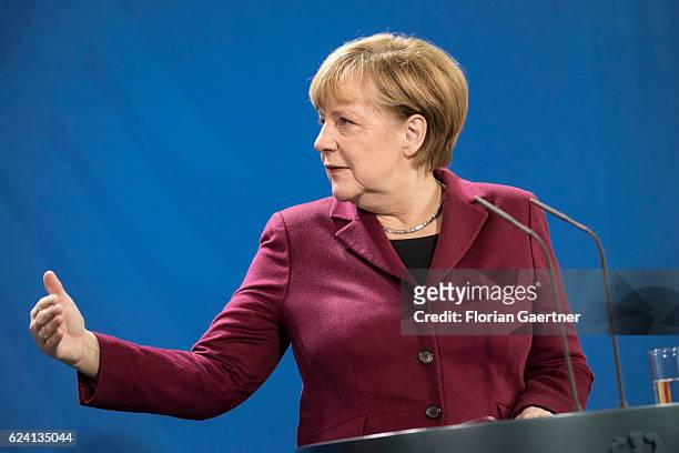 German Chancellor Angela Merkel speaks to the media during a press conference with Mariano Rajoy , Prime Minister Of Spain, to the media on November...