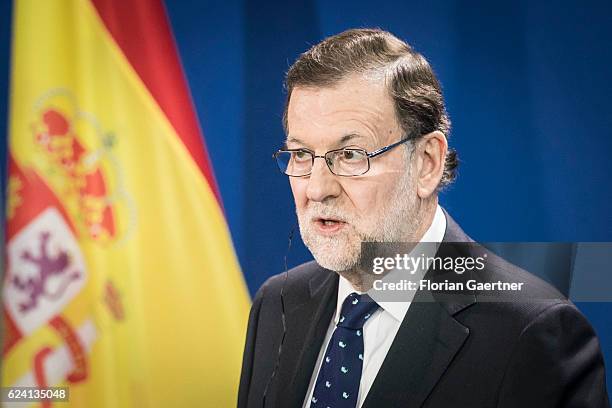 Mariano Rajoy, Prime Minister Of Spain, speaks during a press conference with German Chancellor Angela Merkel on November 18, 2016 in Berlin,...