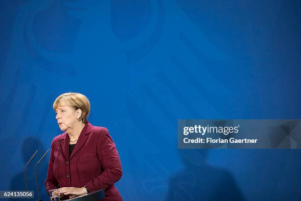 German Chancellor Angela Merkel during a press conference with Mariano Rajoy , Prime Minister Of Spain, to the media on November 18, 2016 in Berlin,...