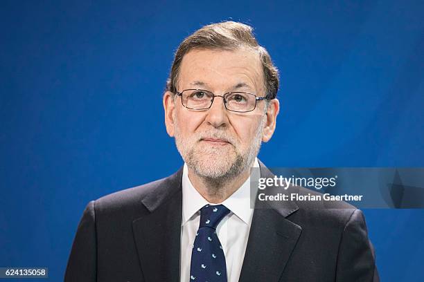 Mariano Rajoy, Prime Minister Of Spain during a press conference with German Chancellor Angela Merkel on November 18, 2016 in Berlin, Germany. They...