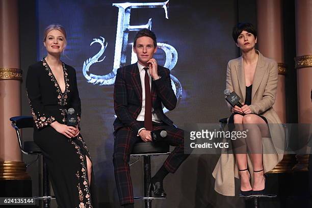 Actress Alison Sudol, actor Eddie Redmayne and actress Katherine Waterston attend 'Fantastic Beasts And Where To Find Them' press conference at...