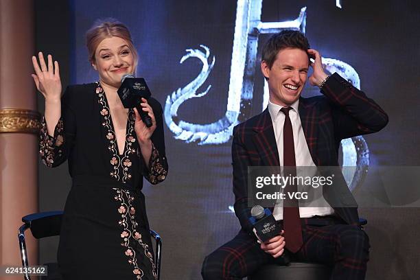 Actress Alison Sudol and actor Eddie Redmayne attend 'Fantastic Beasts And Where To Find Them' press conference at Sanlitun on November 18, 2016 in...