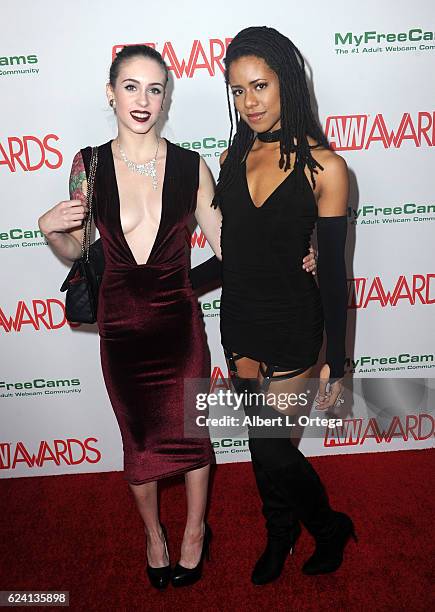 Actresses Anna DeVille and Kira Noir arrive for the 2017 AVN Awards Nomination Party held at Avalon on November 17, 2016 in Hollywood, California.