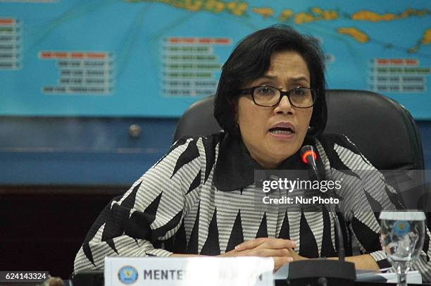 Finance minister Sri Mulyani Indrawati speech in drugs smuggling press conference at BNN office, Jakarta on November 18, 2016. The international...