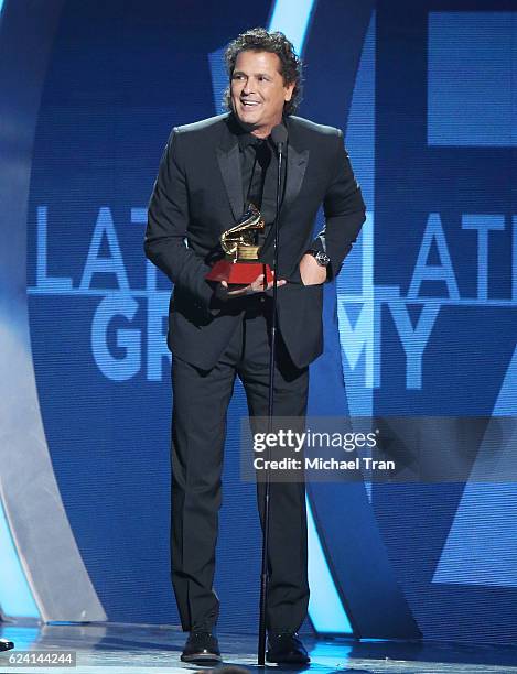 Carlos Vives accepts Song of the Year for 'La Bicicleta' onstage during the 17th Annual Latin Grammy Awards held at T-Mobile Arena on November 17,...