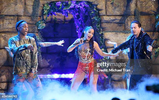 Pharrell Williams, BIA, Sky and J Balvin perform onstage during the 17th Annual Latin Grammy Awards held at T-Mobile Arena on November 17, 2016 in...