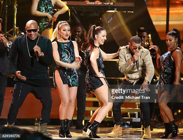 Alexander Delgado and Randy Malcom of Gente de Zona perform onstage during the 17th Annual Latin Grammy Awards held at T-Mobile Arena on November 17,...