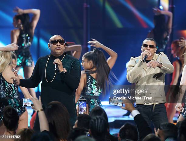 Alexander Delgado and Randy Malcom of Gente de Zona perform onstage during the 17th Annual Latin Grammy Awards held at T-Mobile Arena on November 17,...