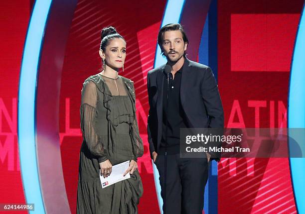 Julieta Venegas and actor Diego Luna speak onstage during the 17th Annual Latin Grammy Awards held at T-Mobile Arena on November 17, 2016 in Las...