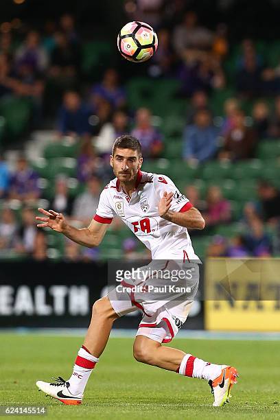 Iacopo La Rocca of Adelaide heads the ball during the round seven A-League match between the Perth Glory and Adelaide United at nib Stadium on...