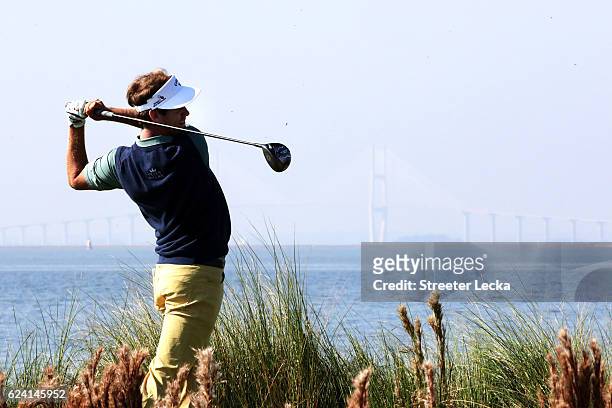 Harris English of the United States plays his tee shot on the 14th hole during the second round of the RSM Classic at Sea Island Resort Seaside...