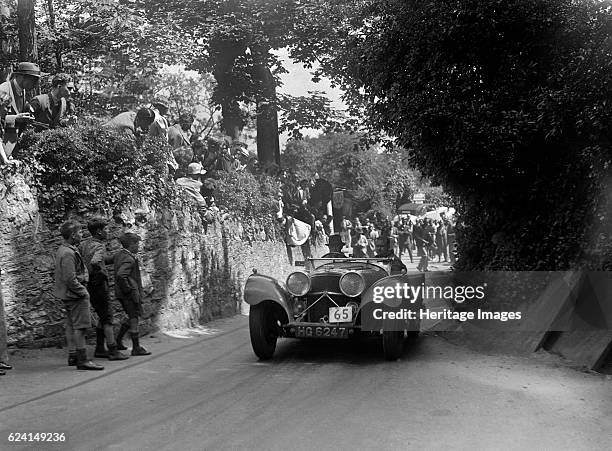 Jaguar SS100 of HE Bradley competing in the MCC Torquay Rally, 1938. Artist: Bill Brunell.SS Jaguar 100 3485 cc. Vehicle Reg. No. HG6247. Event Entry...