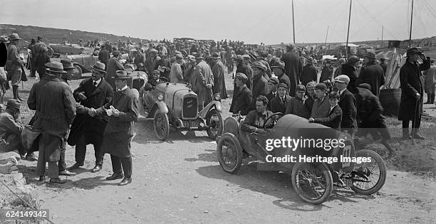 Raymond Mays' Bugatti Brescia and JS Chance's Enfield Allday, Porthcawl Speed Trials, Wales, 1922. Artist: Bill Brunell.Bugatti Brescia 1496 cc. Reg....