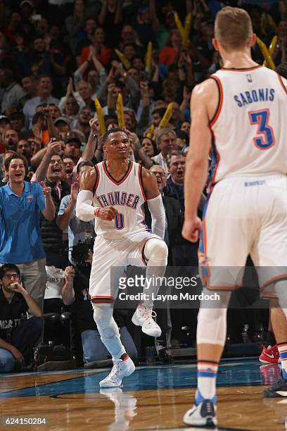 Russell Westbrook of the Oklahoma City Thunder celebrates and dances after dunking the ball against the Houston Rockets on November 16, 2016 at...