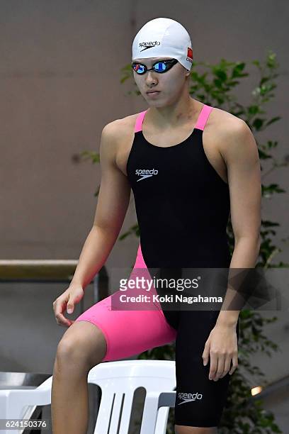 Zhu Menghui of China looks on prior to Women's 50m freestyle fainal during the 10th Asian Swimming Championships 2016 at the Tokyo Tatsumi...