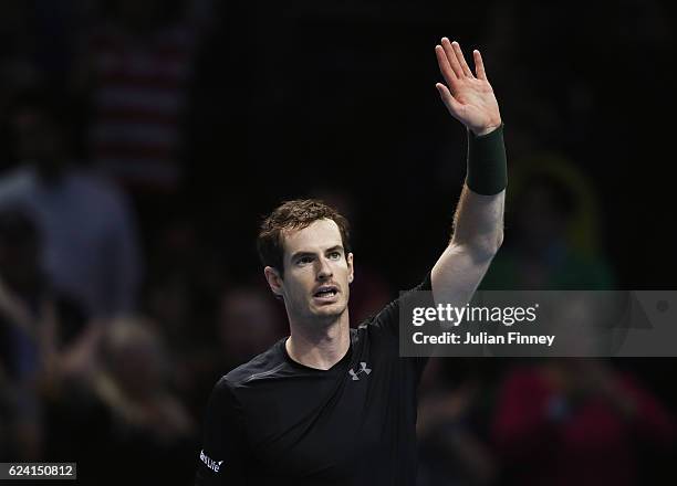 Andy Murray of Great Britain celebrates victory in his men's singles match against Stan Wawrinka of Switzerland on day six of the ATP World Tour...