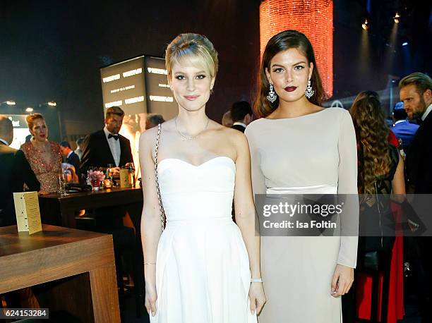 German models Kim Hnizdo and Vanessa Fuchs pose at the Bambi Awards 2016 party at Atrium Tower on November 17, 2016 in Berlin, Germany.