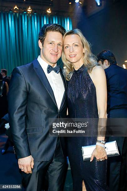 Former olympic gold medal winner in weight lifting Matthias Steiner and his wife Inge Steiner poses at the Bambi Awards 2016 party at Atrium Tower on...