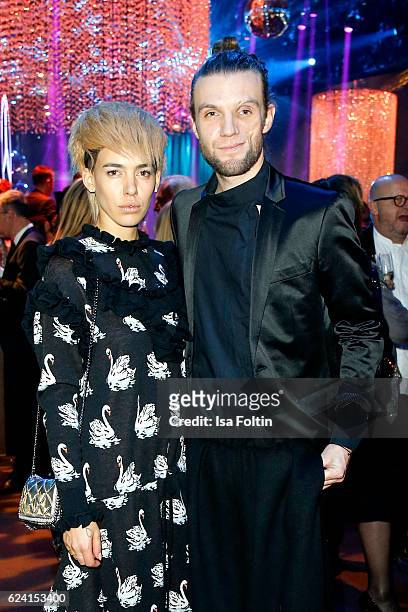 Singer Alina Sueggeler and musician Andi Weizel pose at the Bambi Awards 2016 party at Atrium Tower on November 17, 2016 in Berlin, Germany.